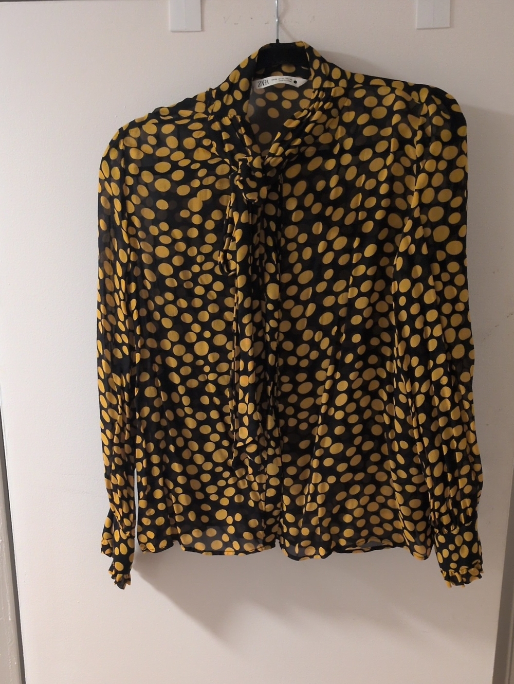 Zara Black and Yellow Polka Dot Tie-Neck Blouse